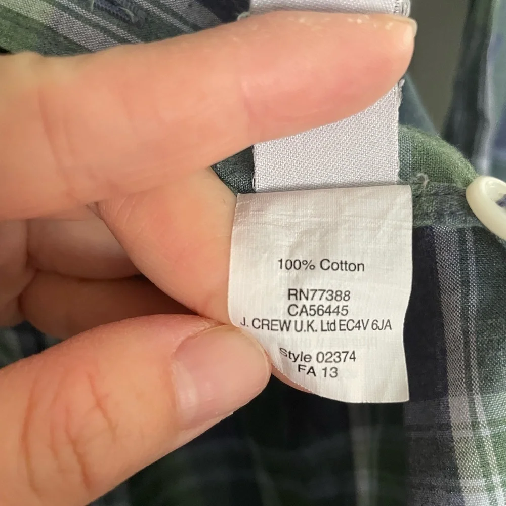 J. Crew 100% Cotton Casual Green & Blue Checkered Button Down Shirt size Medium
